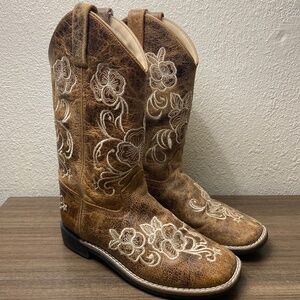 Shyanne girls brown boots leather western cowboy floral square toe boot size 4